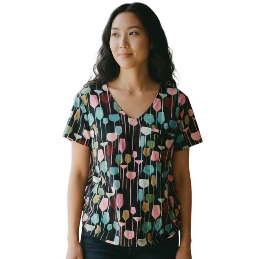 Amanda Blu NEW Wine Glass V-Neck Tee Womens Medium Cocktail Pocket Knit Top NWT